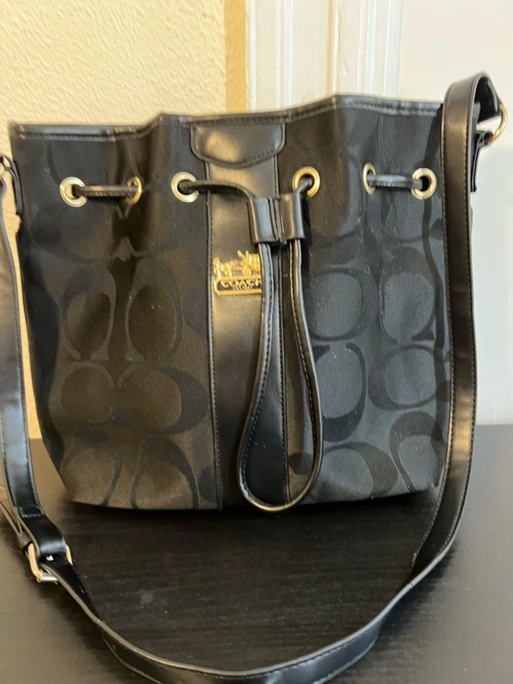 Coach Black Signature Drawstring Crossbody